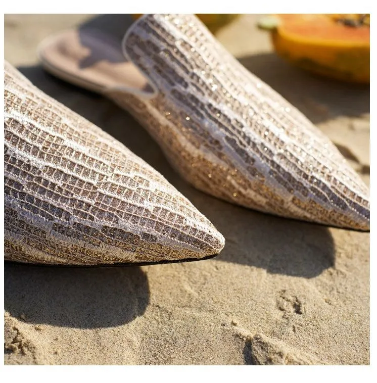 B-FEI original design texture embroidered sequins shiny mules French semi-drag - Island