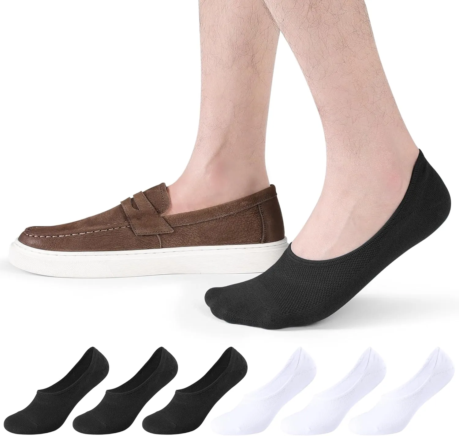 CLOSEMATE Mens Ultra-Low Cotton No Show Socks Invisible Hidden for Loafers with Non Slip Grips 6 Pairs
