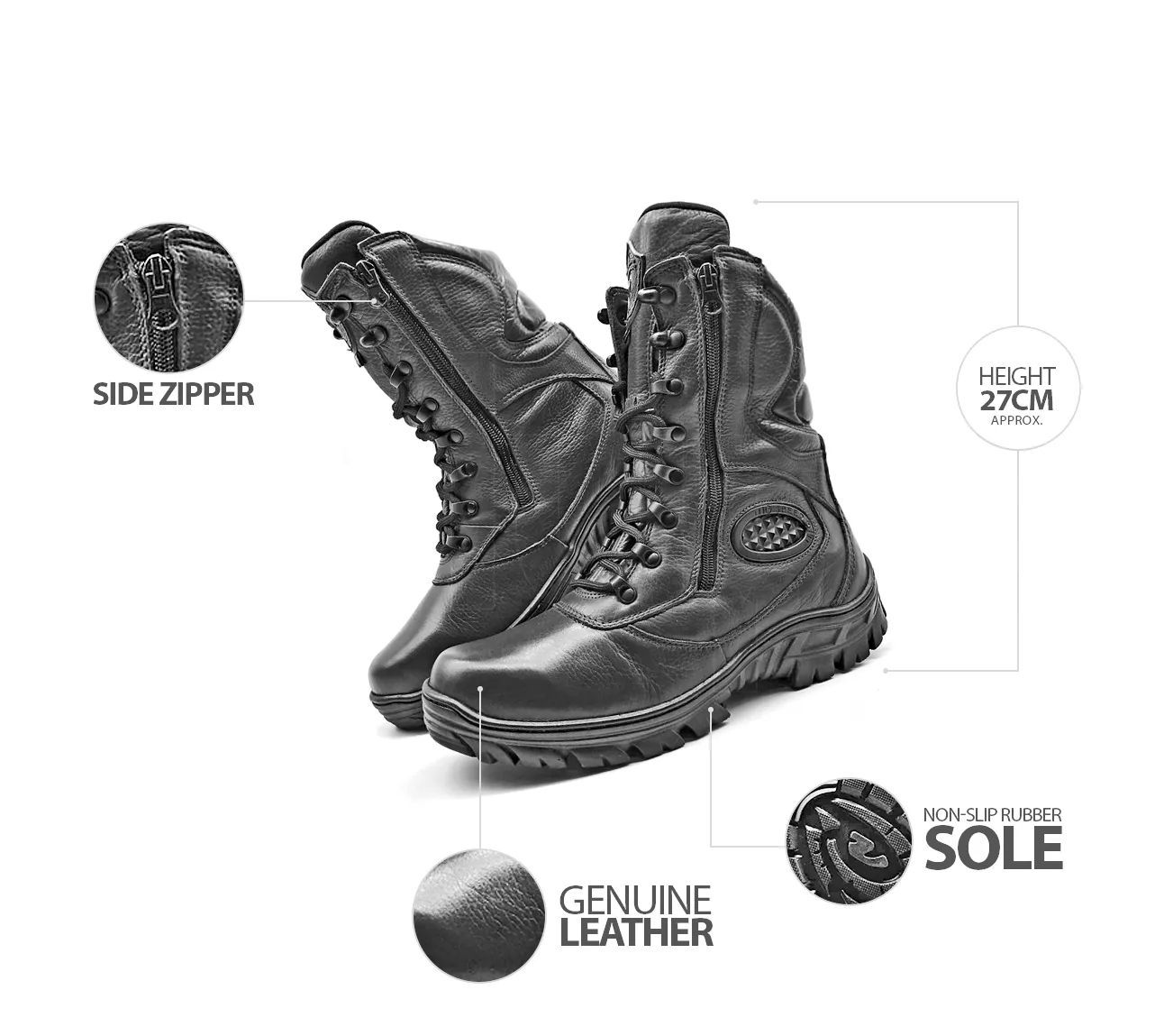 Combat Boots Black Leather Tactical Military Army Zipper