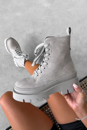 DENTON Chunky Platform Military Boots - Grey Suede