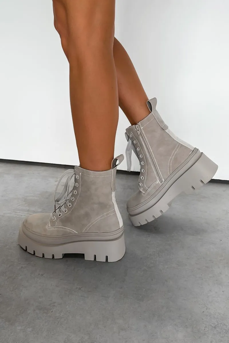 DENTON Chunky Platform Military Boots - Grey Suede