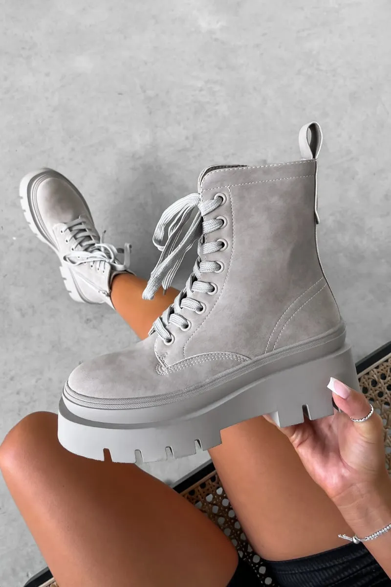 DENTON Chunky Platform Military Boots - Grey Suede