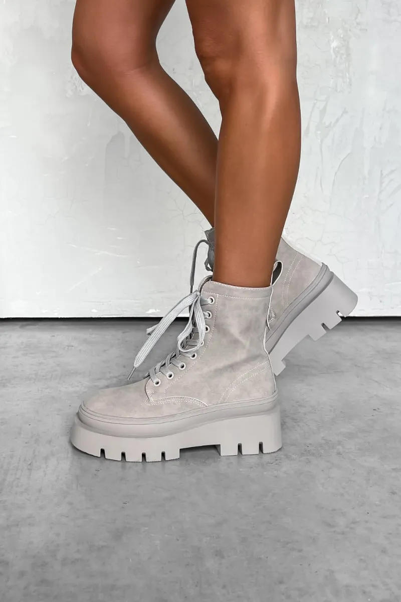 DENTON Chunky Platform Military Boots - Grey Suede