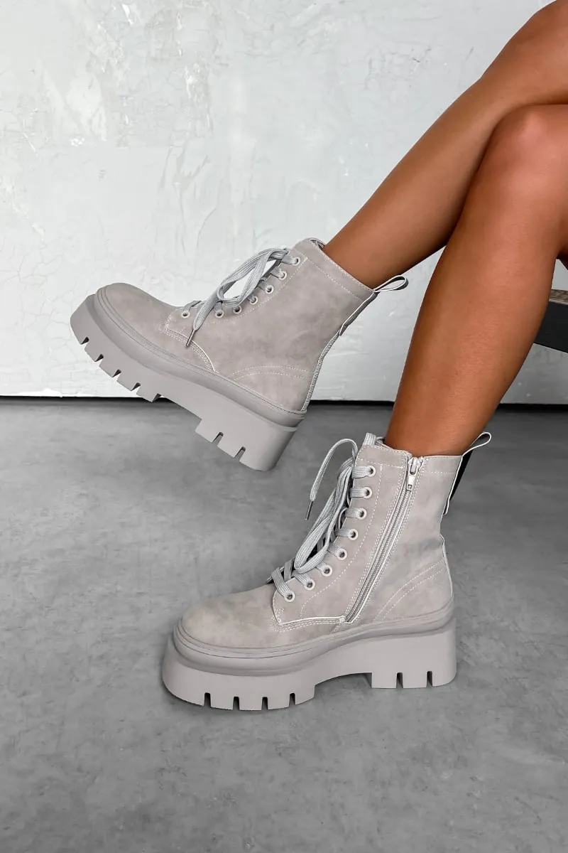 DENTON Chunky Platform Military Boots - Grey Suede