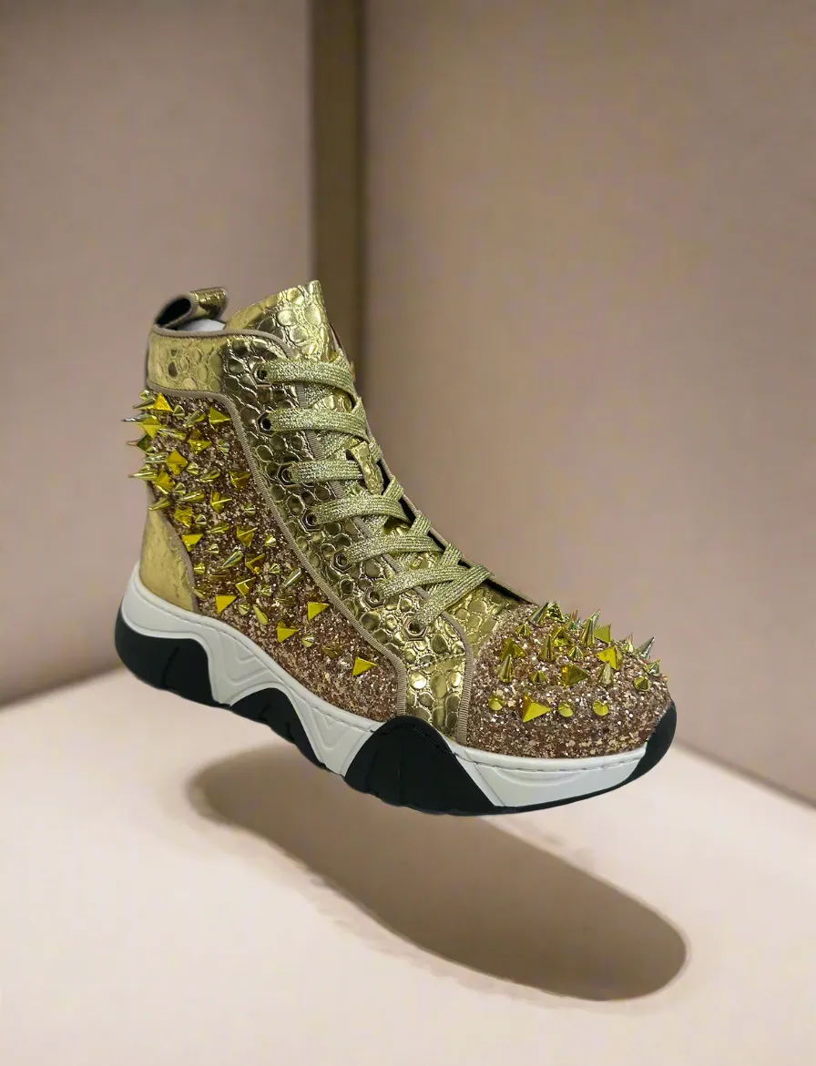 Gold Spikes High Top Sneakers Encore by Fiesso