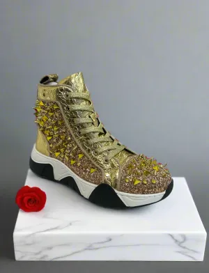 Gold Spikes High Top Sneakers Encore by Fiesso