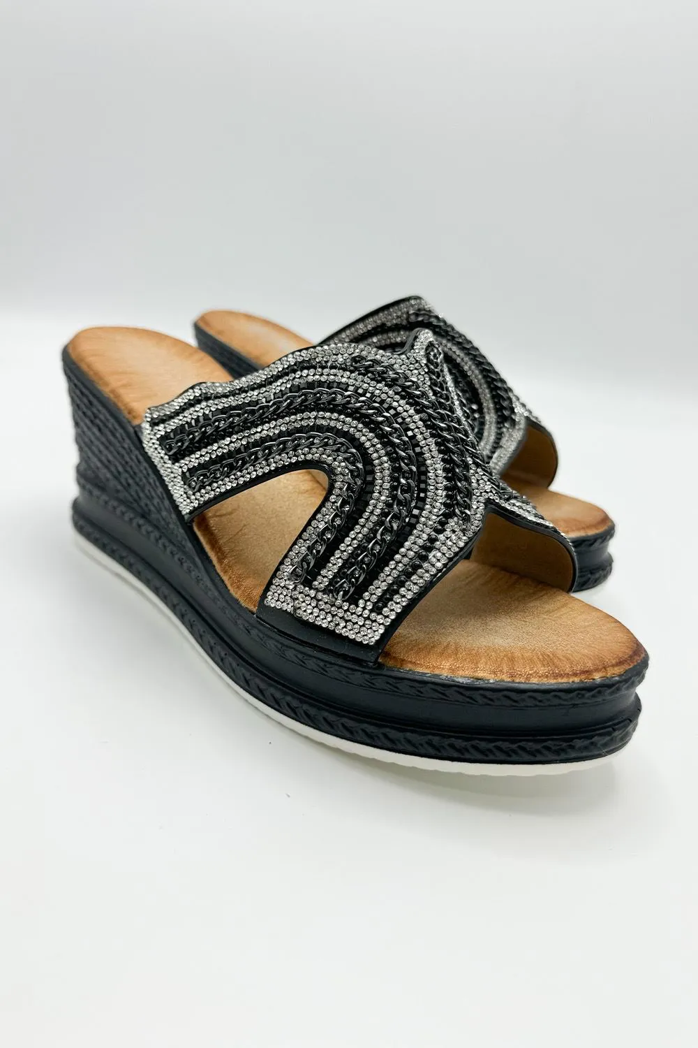 Hestia Diamante Strap Wedge Mules in Black