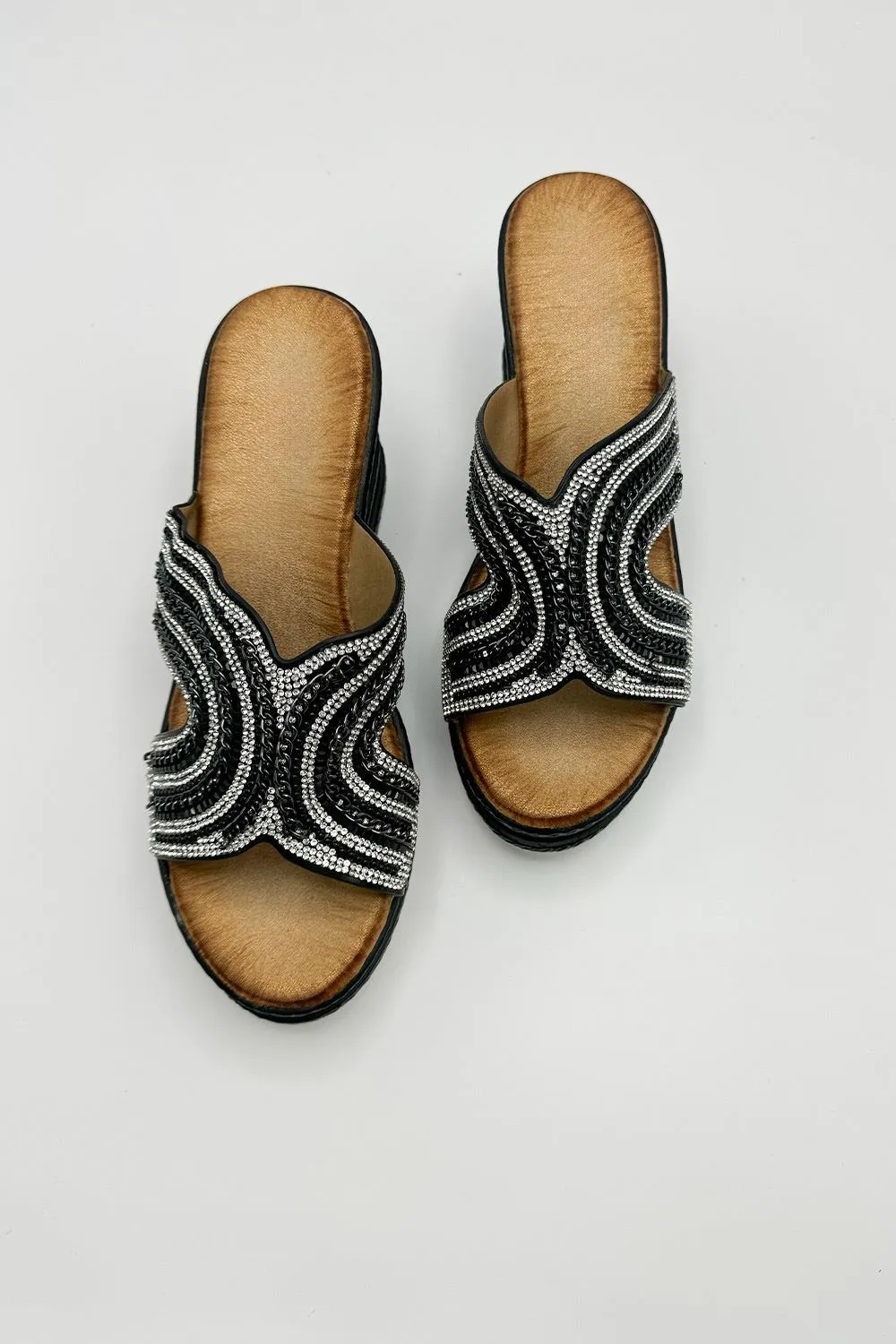 Hestia Diamante Strap Wedge Mules in Black