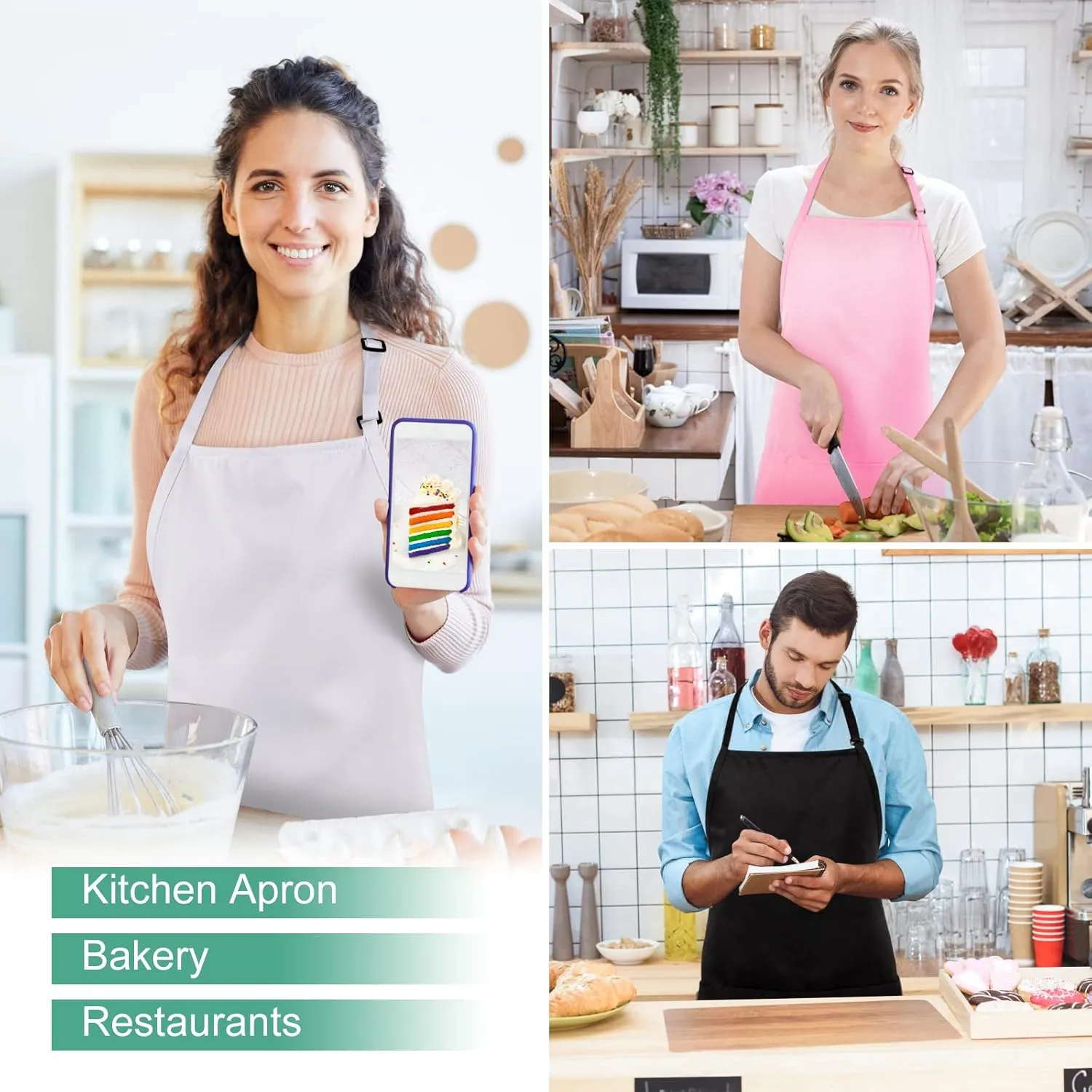 Jubatus 2 Pack 3 Pockets Adjustable Bib Apron Chef Kitchen Cooking Aprons for Women Men, Black