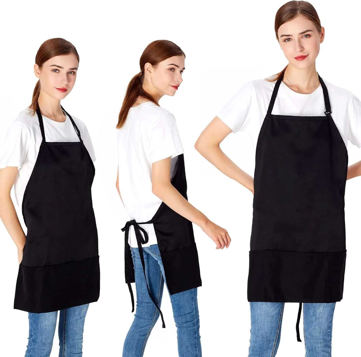 Jubatus 2 Pack 3 Pockets Adjustable Bib Apron Chef Kitchen Cooking Aprons for Women Men, Black