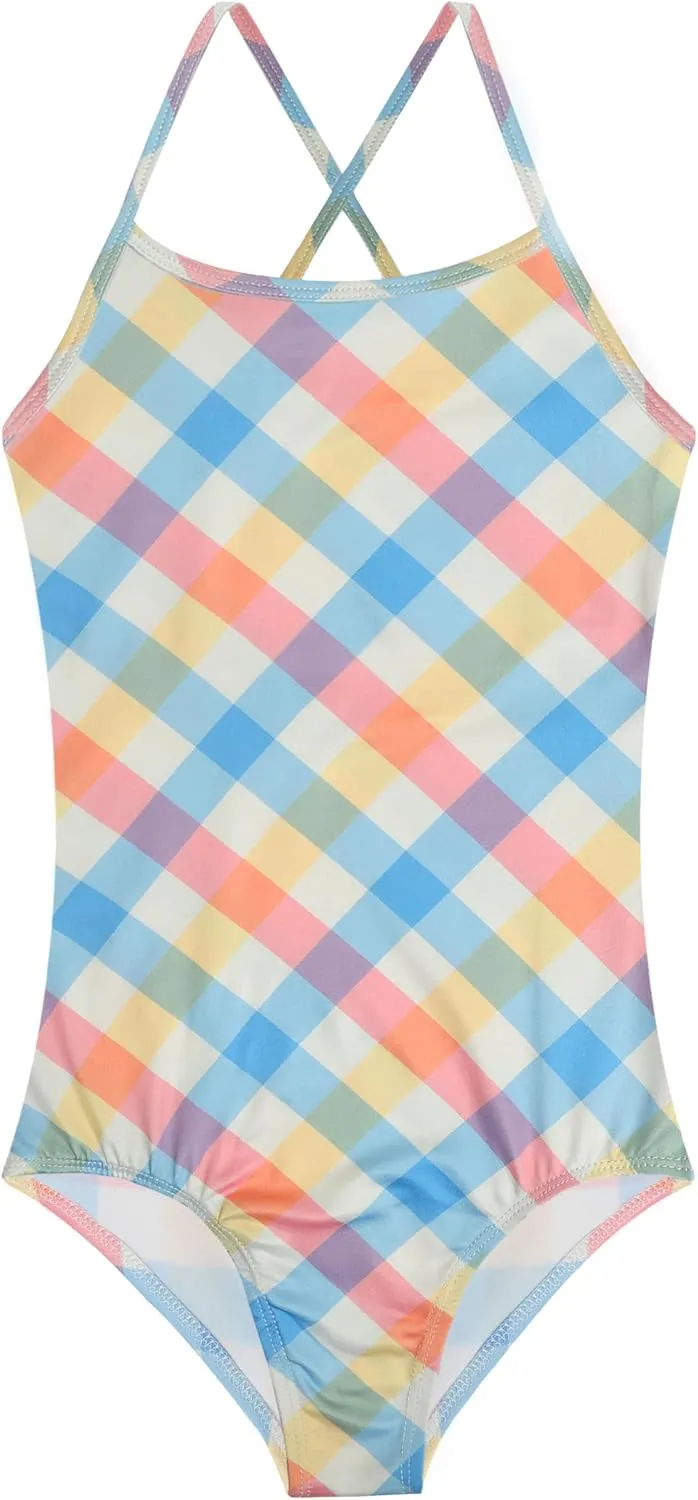 KSK KAISHEK Girls' Sparkle One-Piece Swimsuit 4-12Y Adjustable Crossback Straps Shimmer Bathing Suit for Beach Pool