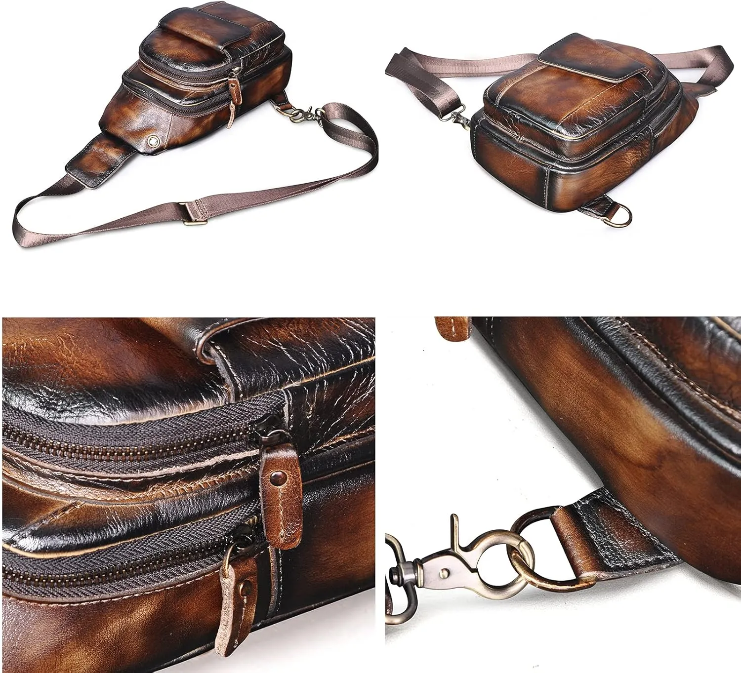 Le'aokuu Men Outdoor Casual Travel Hiking Tea Crossbody Chest Sling Bag Rig One Shoulder Strap Bag Backpack Men Leather