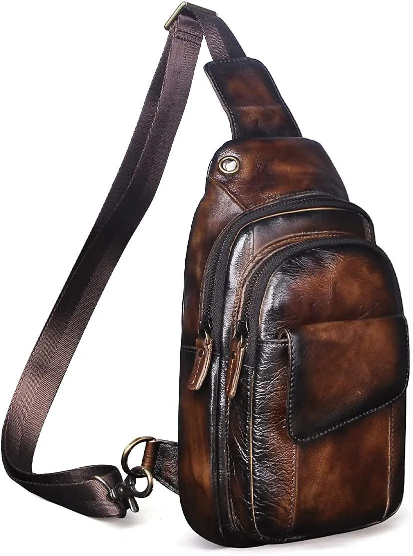 Le'aokuu Men Outdoor Casual Travel Hiking Tea Crossbody Chest Sling Bag Rig One Shoulder Strap Bag Backpack Men Leather