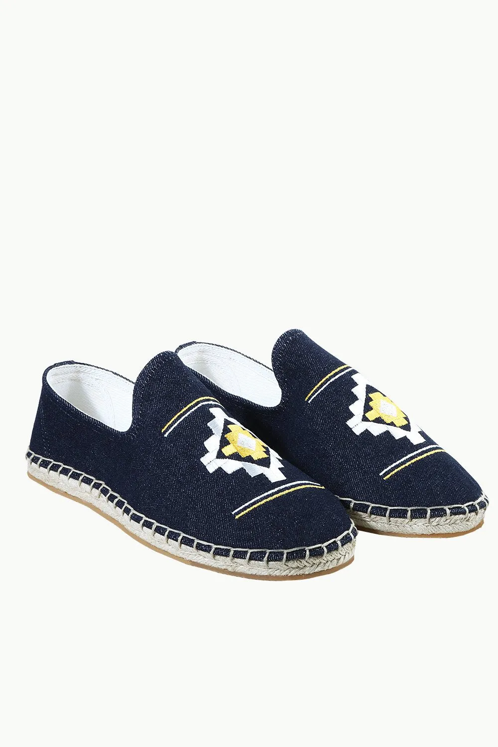 Mens Navy Denim Aztec Embroidered Espadrilles