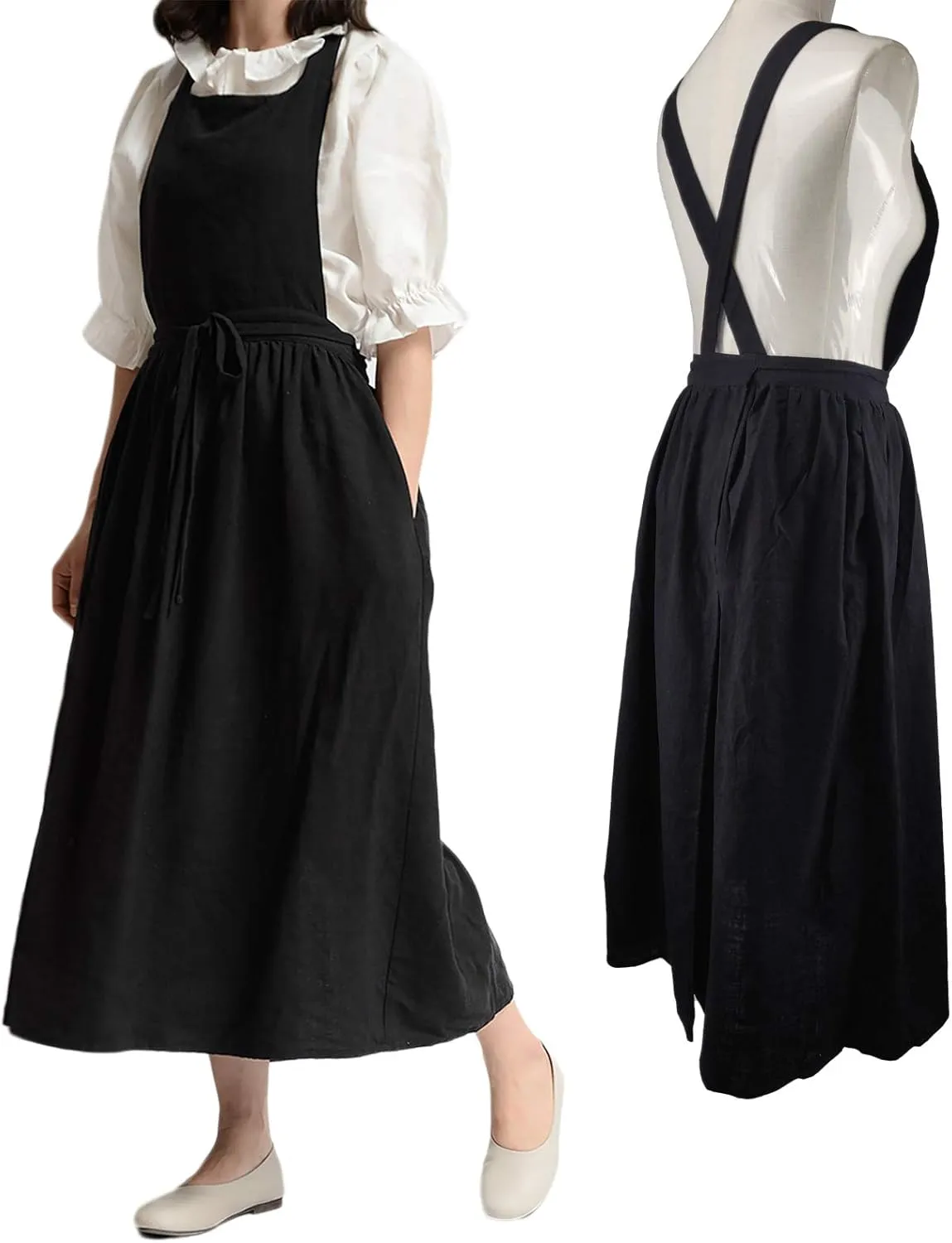 Pleated Cotton Long Apron X Back Kitchen Garden Florist Work Clothes Bib Dress