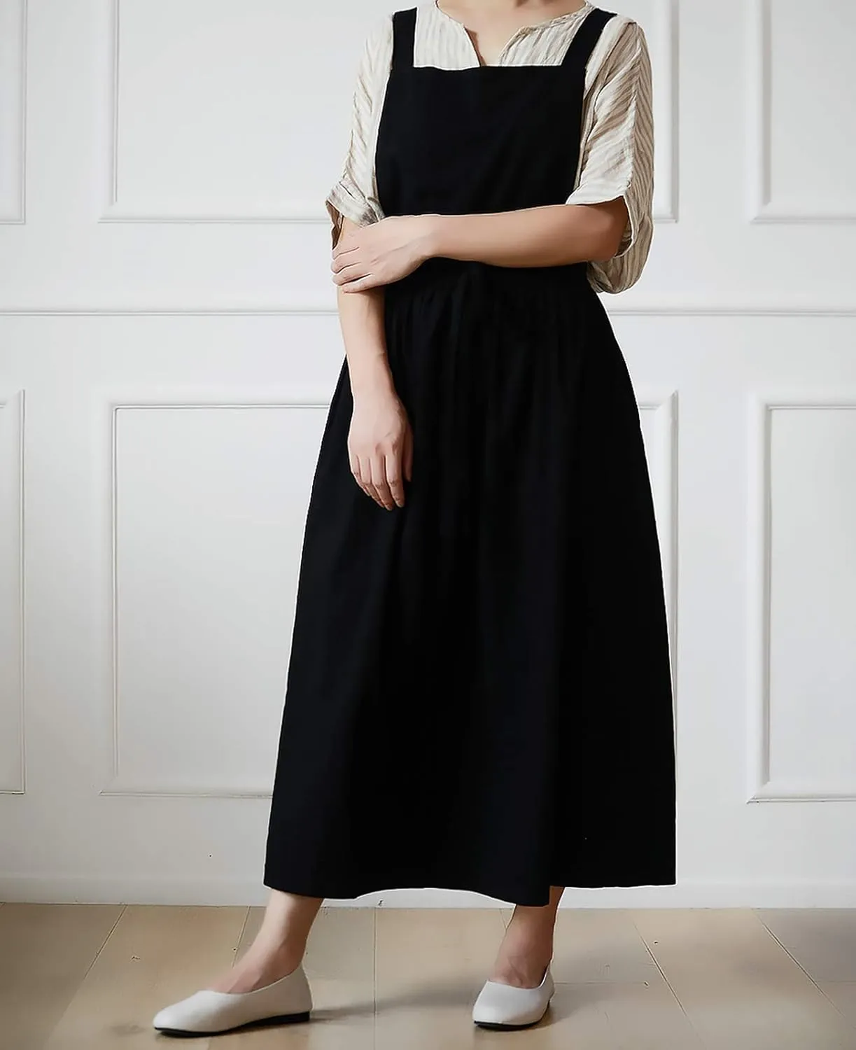 Pleated Cotton Long Apron X Back Kitchen Garden Florist Work Clothes Bib Dress