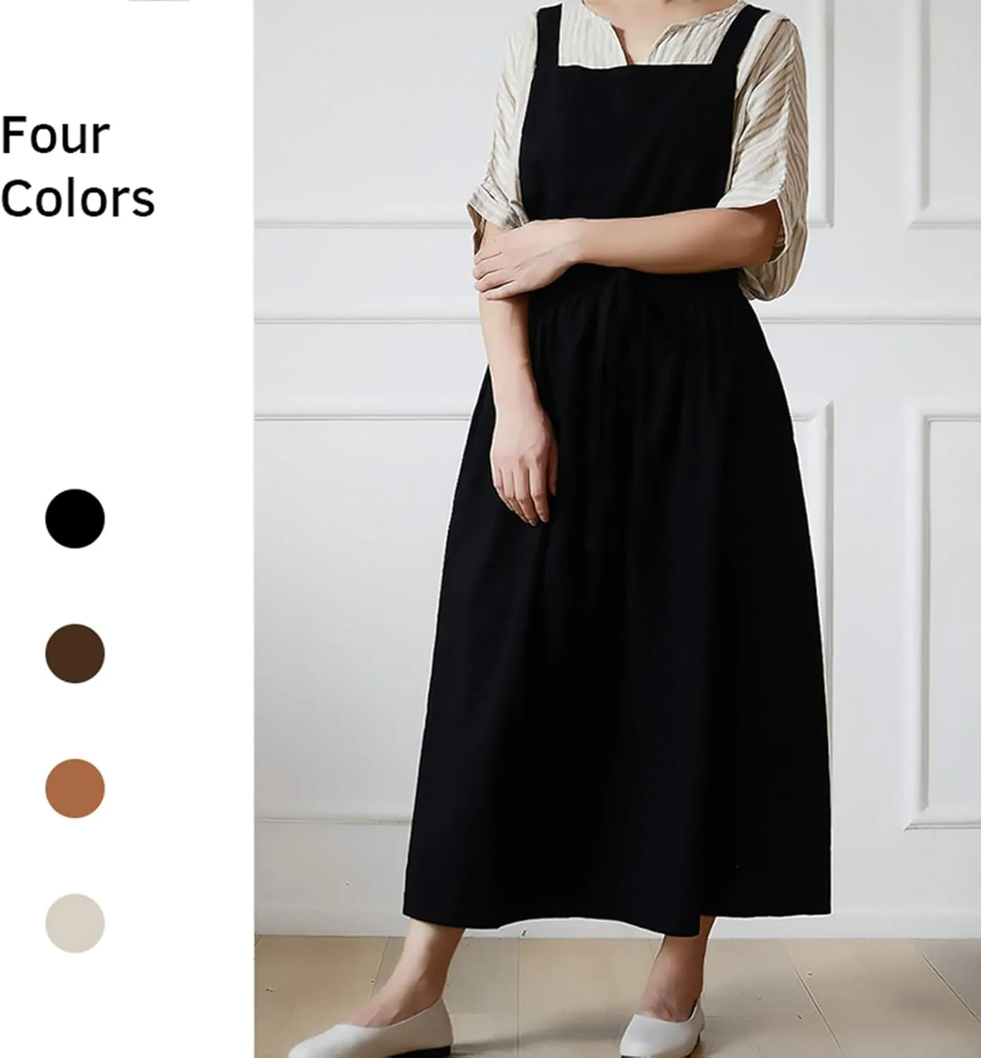 Pleated Cotton Long Apron X Back Kitchen Garden Florist Work Clothes Bib Dress