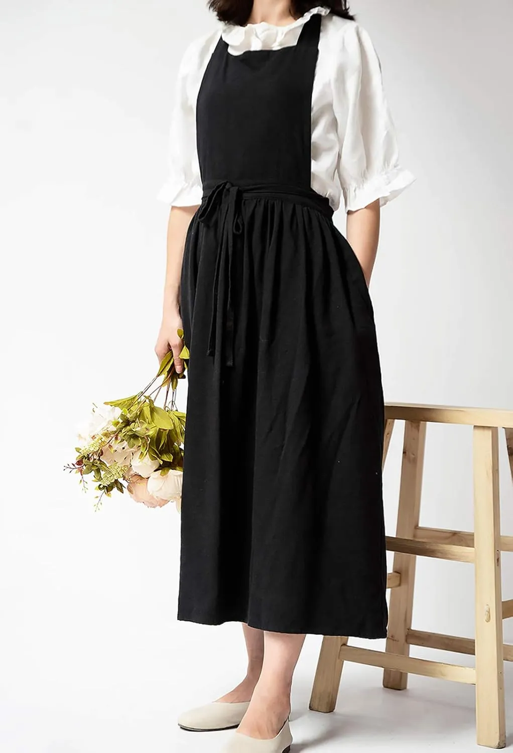 Pleated Cotton Long Apron X Back Kitchen Garden Florist Work Clothes Bib Dress