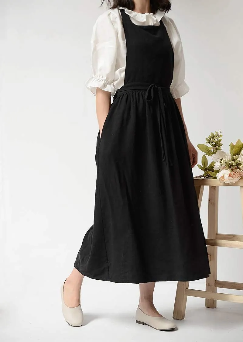 Pleated Cotton Long Apron X Back Kitchen Garden Florist Work Clothes Bib Dress