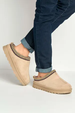 Sigrid Embroidered Faux Fur Lining Slippers in Mocha