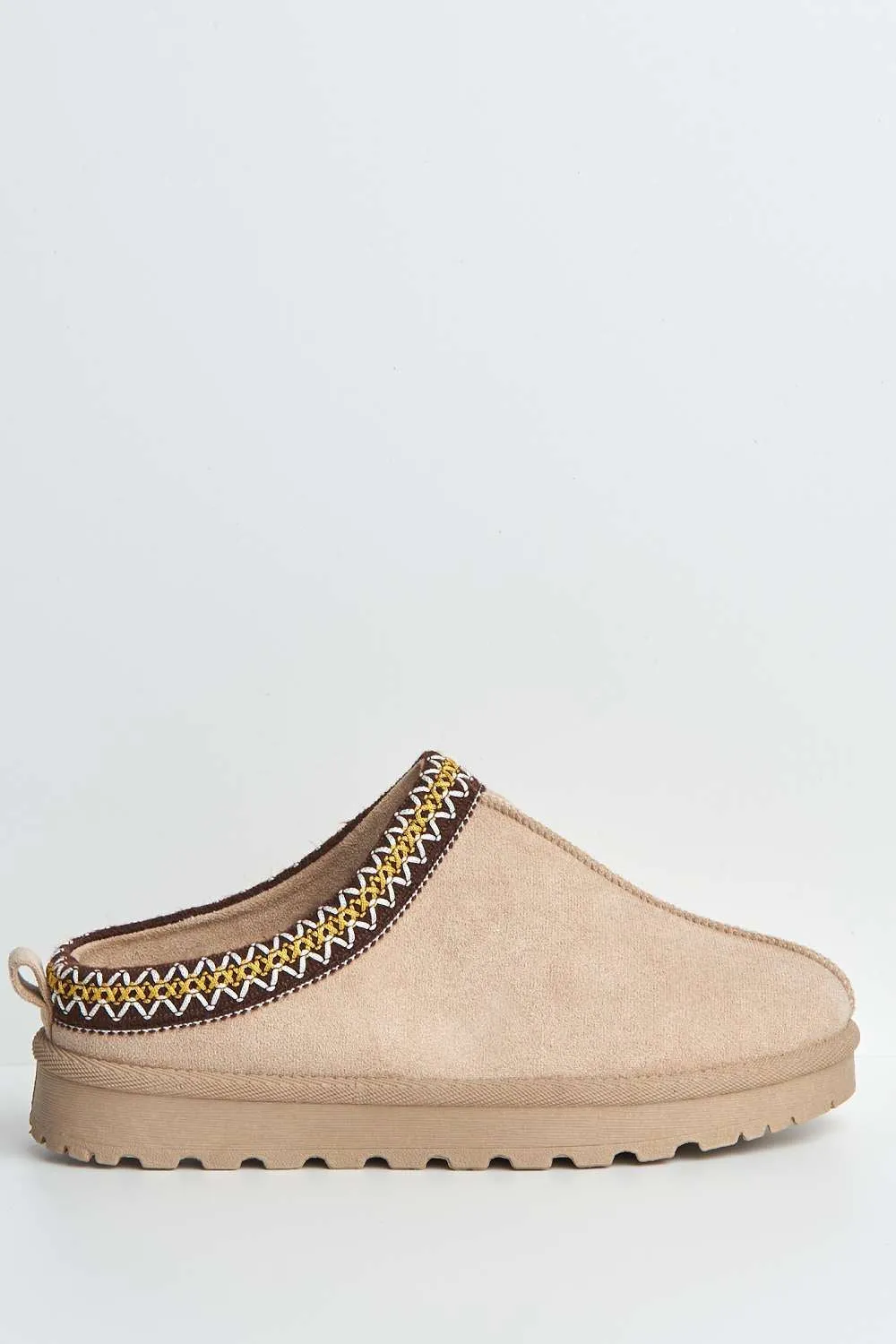 Sigrid Embroidered Faux Fur Lining Slippers in Mocha