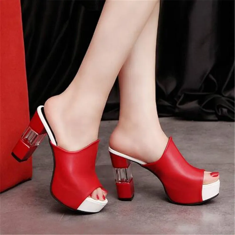 Sonicelife  Ladies Leather Sole Slippers Women  High Heel Mules  Black Peep Toe Platform Mules   Sandals Shoes