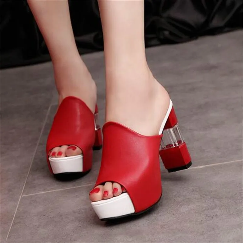 Sonicelife  Ladies Leather Sole Slippers Women  High Heel Mules  Black Peep Toe Platform Mules   Sandals Shoes