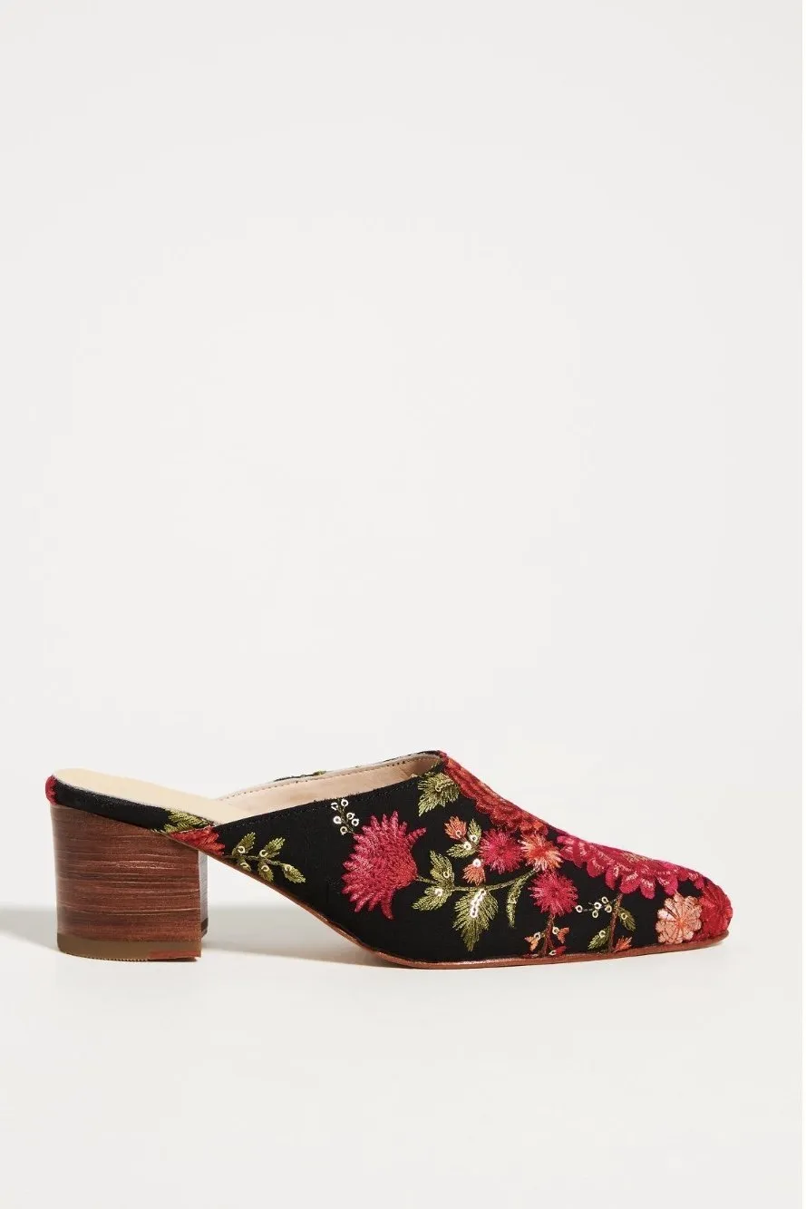 TAPESTRY EMBROIDERED HEELED MULES