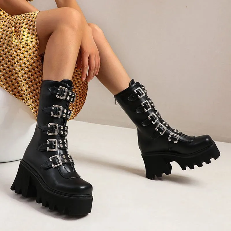 Women Combat Boots Antumn 2020 Female High Platform Gothic Shoes Black Leather Boots Lace up Women Knee High Boots